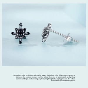 Detail of gothic S925 sterling silver star stud earrings with black zirconia stones