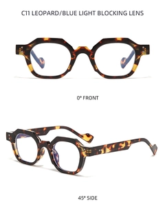 Front and side views of leopard print polygon glasses with blue light blocking lenses