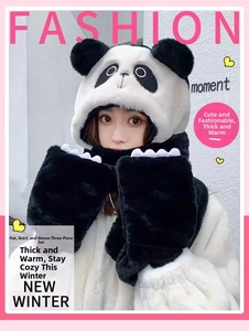 Detail showing the thick plush material and cute panda ears on the 3-in-1 hat scarf glove set
