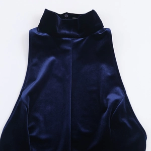 Detailed view of dark blue velvet fabric and high collar design on a sleeveless dress
