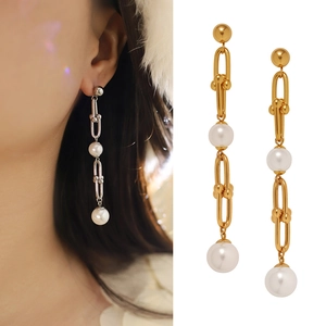 Boucles D'oreilles Longues En Acier Titane Avec Maillons De Chaîne En U Et Künstliche Perles En Plastique ABS Bijoux Élégants