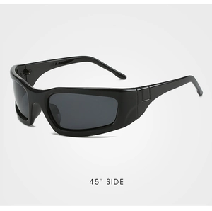 Detailed 45-degree side view of Y2K cyberpunk polarized cycling sunglasses in black
