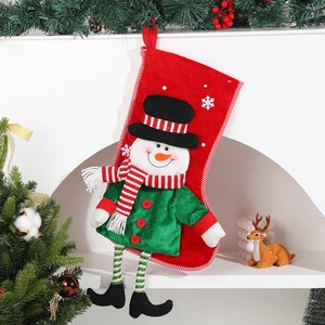 Festive Christmas stocking with cute 3D snowman hanging on white decor shelf