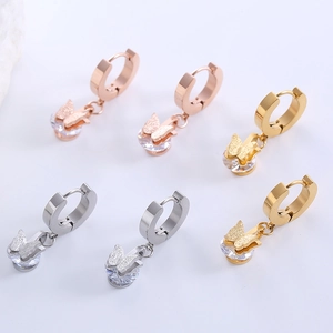 Frosted butterfly drop earrings with zircon crystals in rose gold, silver, and gold steel