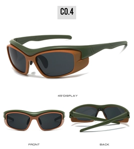 Detailed views of army green sport sunglasses showing front, back, and 45-degree angles