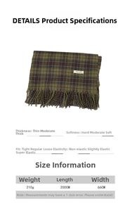 Size guide for vintage green plaid scarf showing 200x66cm dimensions and fabric details