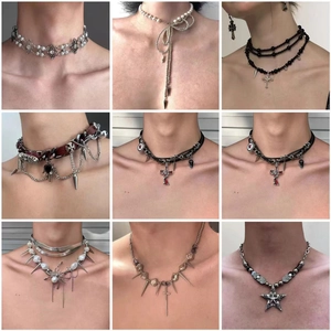 Gothic Punk Y2K Necklace Choker Star Butterfly Cross Pendant Alloy Stainless Steel Mixed Beads Grunge Jewelry