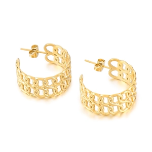 Retro hollow chain design gold plated titanium steel hoop earrings on white background