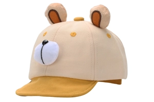 Close-up of cotton baby baseball cap featuring 3D plush bear ears and yellow contrast brim