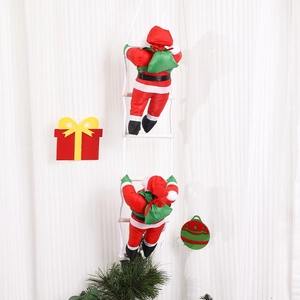 Detail of two plush Santa Claus figures climbing a white rope ladder for Christmas decor