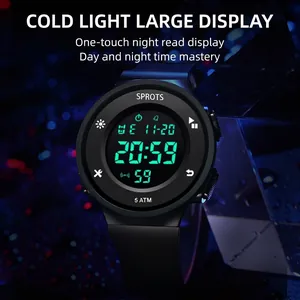 Black digital sports watch for students featuring green backlight and 5ATM waterproof rating