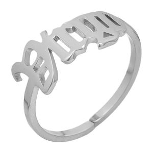 Macro detail of silver stainless steel ring featuring Gothic Witch lettering design