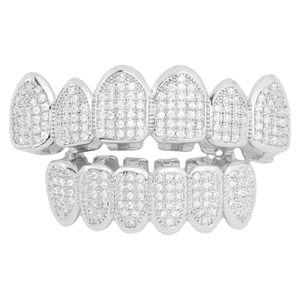 Micro-paved zircon hip hop silver grillz set for teeth with top and bottom rows