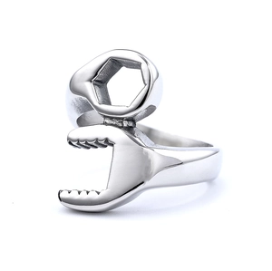 Polished stainless steel industrial style wrench ring with open and box end design