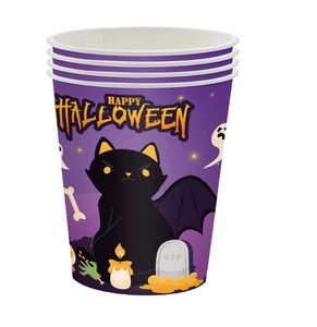 Detail of purple Halloween paper cups featuring festive cartoon pumpkins and bats