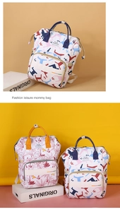 Fashion leisure mommy backpack with floral and geometric prints shown in two patterns
