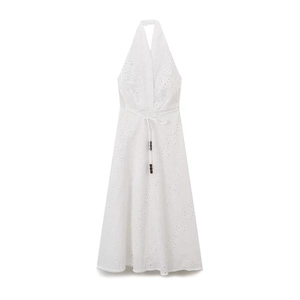 White Halter Neck Maxi Dress Cotton Eyelet Embroidery Backless Hollow Out Elegant Sexy Sleeveless Boho Long Dress Women