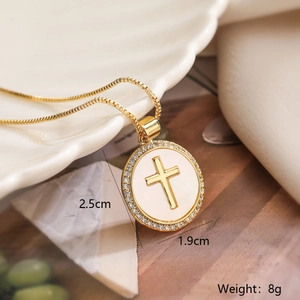 18K gold plated cross necklace with white shell pendant and sparkling zircon frame
