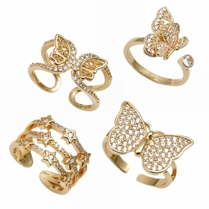 Butterfly Star Flower Adjustable Open Ring 18K Gold Plated Copper Cubic Zirconia Inlaid Jewelry For Women