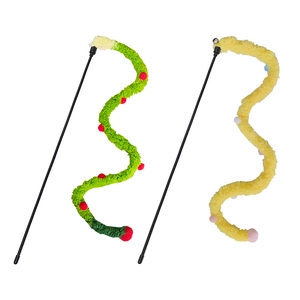 Long plush caterpillar teaser wand toy with bells for cats in green and yellow