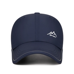 Navy blue quick-dry sports cap with embroidered peak and reflective brim for outdoor use