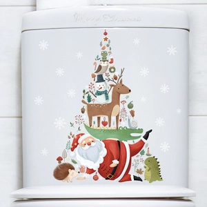 Christmas toilet lid sticker featuring Santa and animals in a festive tree shape