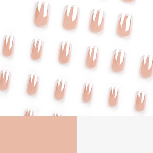 Glossy nude pink French tip press-on nails in classic square shape set for manicure