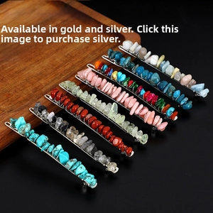 Detail of natural crystal hairpins featuring wire-wrapped gemstones on metal clips