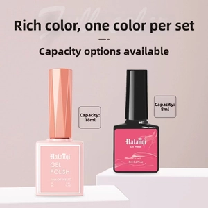 Close-up of 8ml and 18ml glitter gel polish bottles in matte pink and black finishes