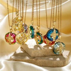 Religious Stainless Steel Virgin Mary Cross Pendant Necklace Colorful Crystal Zirconia Inlaid Gold Plated Jewelry For Women