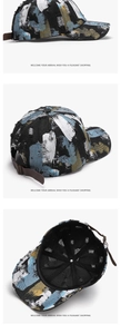 Detailed view of distressed 100% cotton baseball cap with abstract graffiti and leather strap