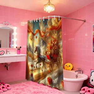 Christmas shower curtain with magic horse carriage design and festive floral prints