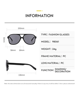 Size chart showing dimensions and specifications for pilot style double bridge sunglasses