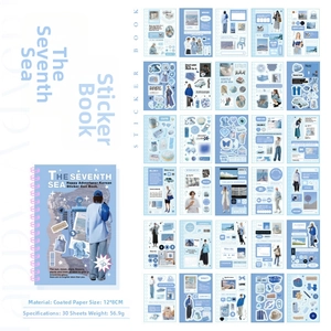 Detailed grid view of 30 sheets vintage blue deco stickers for DIY journaling
