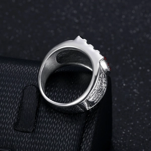 Gothic hip hop men's ring in silver steel with red black stones and ornate carvings