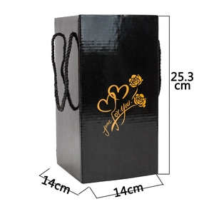 Detail of elegant black gift box with gold Just for You text and dimensions 14x14x25.3cm
