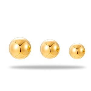 Minimalist polished gold stainless steel ball earrings in three sizes on white background