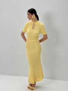 Vestito Maxi In Maglia Cotone A Costine Manica Corta Vestibilità Aderente Scollo Con Lacci Elegante Estivo Sexy Streetwear