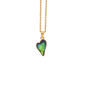 Elegant gold-plated stainless steel necklace with green-blue gradient heart crystal pendant