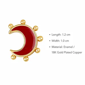 Detail of 18K gold plated moon stud earring with red enamel and dimension labels