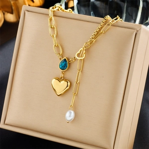 Stainless Steel Double Layer Necklace With Heart Pendant Blue Teardrop Gemstone And Artificial Pearl Fashion Jewelry For Women