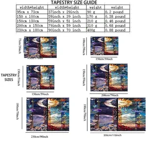 Christmas celestial tapestry size guide with sun and moon pattern dimensions in inches and cm
