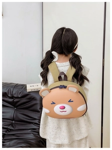 3D cartoon bear toddler backpack shown from a back view on a child in a home setting