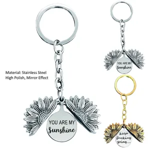 Sunflower Keychain Stainless Steel Openable Pendant Engraved Inspirational Quote Gift Retro Key Ring For Women Mother Sisters
