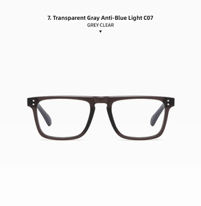 Close-up of transparent grey square glasses frames with anti-blue light clear lenses