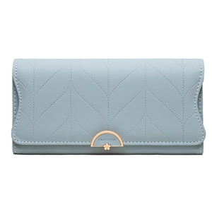 Light blue long PU leather wallet for women with leaf quilting and floral metal buckle