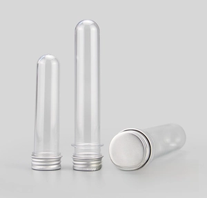 Close-up of clear PET test tubes with silver screw caps in various sizes for storage