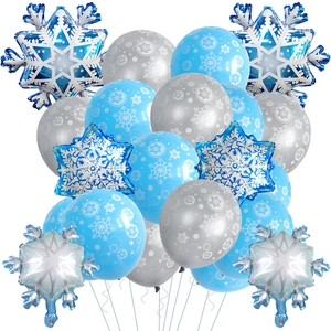 Snowflake Balloon Decorations Aluminum Foil And Latex Balloons For Christmas Winter Theme Party Blue Silver