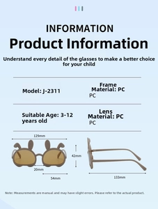 Detailed size chart for kids' bear-shaped folding sunglasses, PC frame and lenses