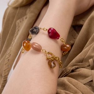 Bohemian retro resin bracelet with colorful irregular stones and golden OT buckle